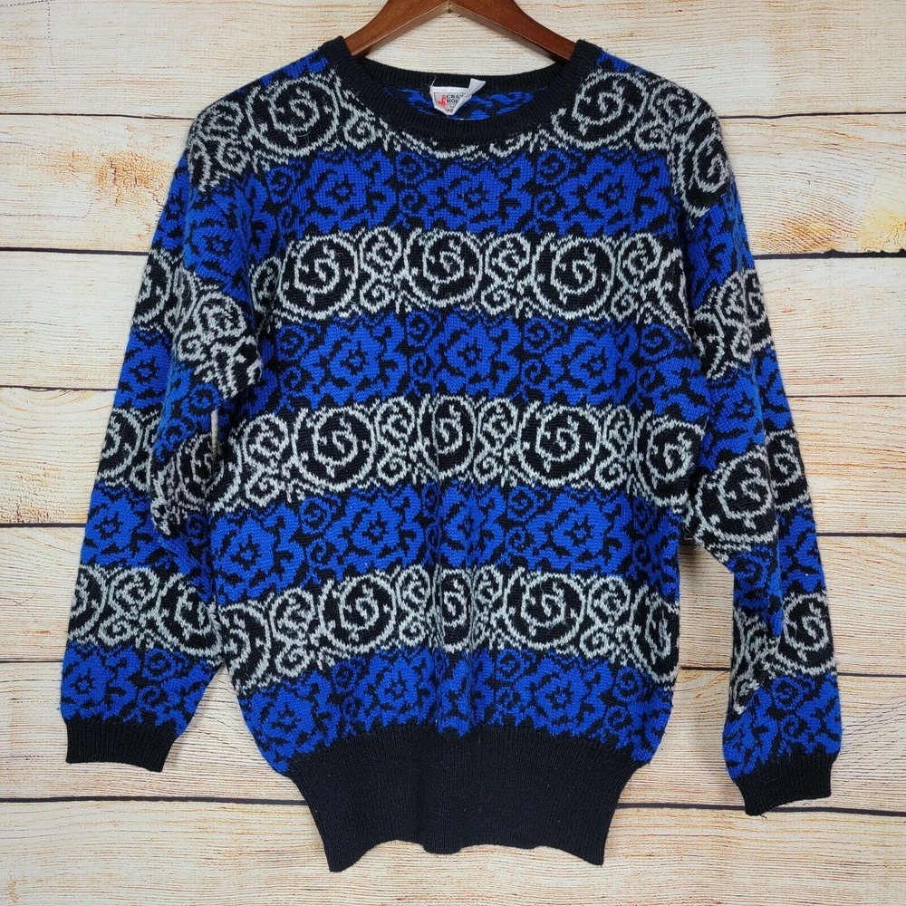 Vintage Crazy Horse‎ Womens Sweater Size S M Black Blue Floral Swirl Striped